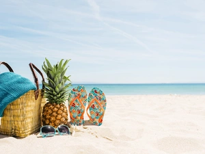 Beaches, Sand, bag, Towel, summer, holiday, Flaps, Glasses, ananas