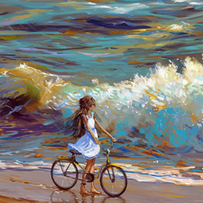 sea, Bike, seagull, Beaches, Kid, Waves, graphics