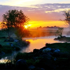 viewes, Fog, west, trees, River, Beatyfull, sun