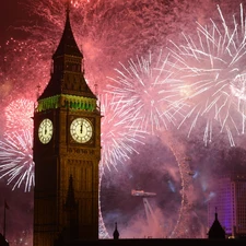 England, fireworks, Big Ben, London, Clock