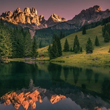 trees, viewes, Austria, lake, reflection, forest, Mountains, bench