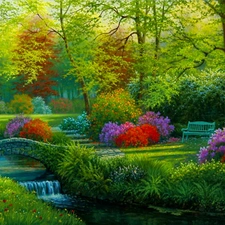 Bench, Flowers, brook, bridges, Park