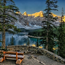 Mountains, Spruces, Bench, lake