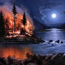 Big Fire, moon, forest, River, Night