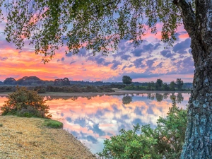 clouds, dawn, trees, birch-tree, River, Sunrise