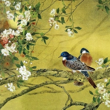 Flowers, picture, Birds on the log