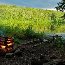 bivouac, forest, fire