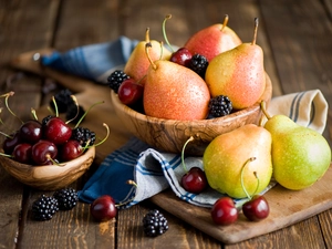truck concrete mixer, blackberries, bowls, cherries