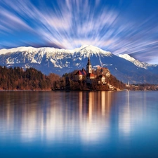 Bled, Slovenia, Mountains, lake, Church