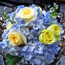 Blue, flowers, yellow, rouge, bouquet