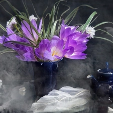 teapot, crocuses, blue