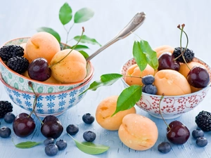 apricots, cherries, Bowls, blueberries