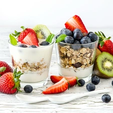 yogurt, dessert, blueberries, kiwi, strawberries, Fruits