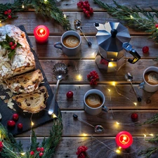 cups, boarding, knife, candles, lights, Spoons, Twigs, Christmas, composition, blueberries, cake, coffee
