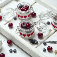 cherries, blueberries, yogurt, jars, dessert