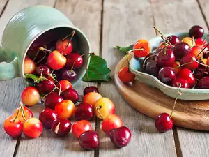 board, cherries, dishes
