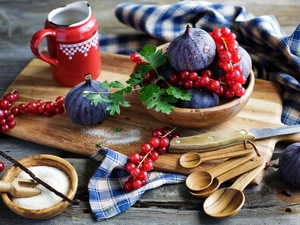 currant, figs, Spoons, red hot, composition, jug, board