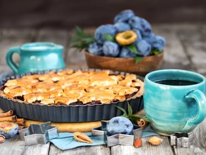 molds, cake, coffee, cinnamon, jug, blur, boarding, mold, cake, plums, cup