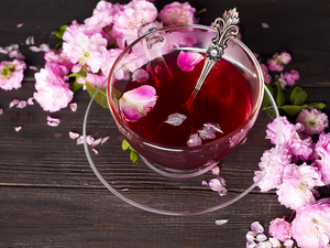 teaspoon, cup, Flowers, boarding, Pink, tea