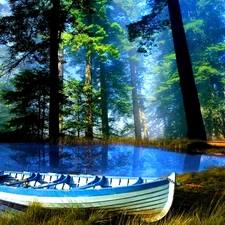 Boat, forest, lake