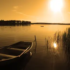 lake, sun, Boat, scrub