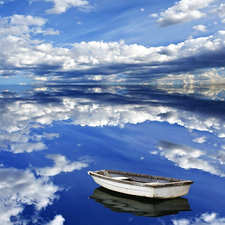 Boat, reflection, Sky, lake, clouds