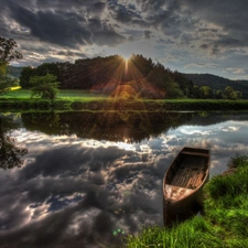 River, sun, Boat, west