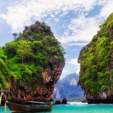 Thailand, sea, Boat, Mountains