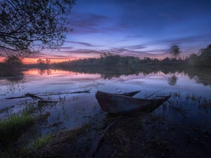 Boat, Dubna River, evening, Sky, Latgale, Latvia, trees, viewes, clouds