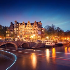 buildings, Boats, Night, Barges, Netherlands, bridge, River, Amsterdam