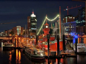 Boats, port, Lighthouse, maritime, Hamburg, night, clouds, fragment, skyscrapers