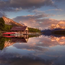 trees, Jasper National Park, Harbour, boats, Mountains, Canada, Maligne Lake, reflection, viewes, forest