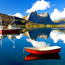 Boats, reflection, clouds, lake, Mountains