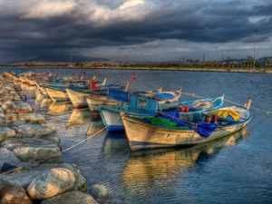 moored, Boats, storm, Sky, Gulf