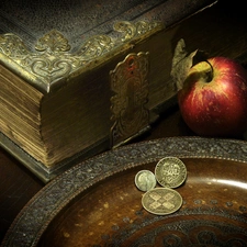 Book, coins, Apple, Old, Red