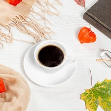 Tomatillo, cup, composition, coffee, Glasses, Leaf, Scarf, Book