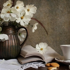 Book, cup, Cosmos, bowl, White