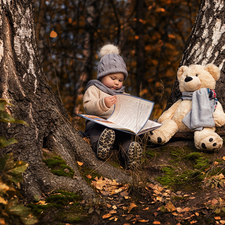 plush toy, Kid, trees, viewes, teddy bear, Book