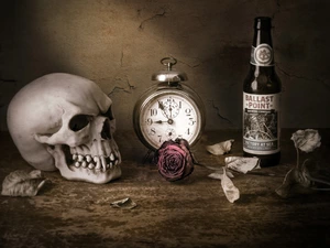 Leaf, skull, alarm clock, dry, composition, rose, Bottle