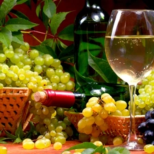 Bottle, Wine, grapes, glass, bunches