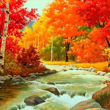 Autumn, River, boulders, forest