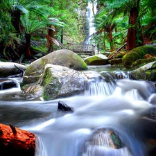 boulders, jungle, waterfall