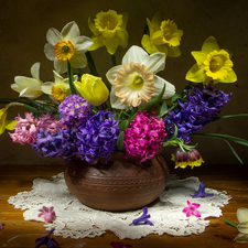 tulip, bouquet, Daffodils, Hyacinths, Vase