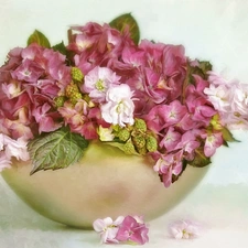 bowl, bouquet, Flowers, hydrangeas, graphics