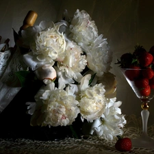 cup, composition, bouquet, Peonies, strawberries, umbrella