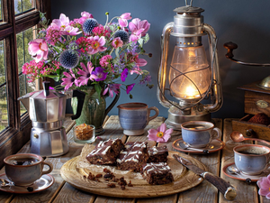 Tableware, Lamp, cups, Bouquet of Flowers, Coffee Percolator, composition, mill, Window, Vase, cake