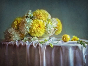 bouquet, Flowers, cloth, Yellow-white, Lemon, picture, copy, Chrysanthemums