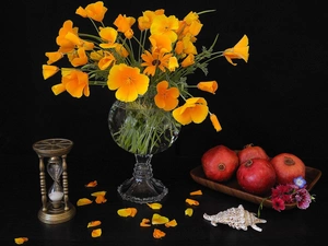 Yellow, bouquet, shell, papavers, composition, grenades, Hourglass Bouquet
