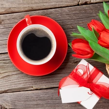 Present, Flowers, cup, coffee, bow, card, boarding, Red, Tulips, basket, plate