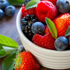 raspberries, Fruits, blueberries, bowl, blackberries, strawberries